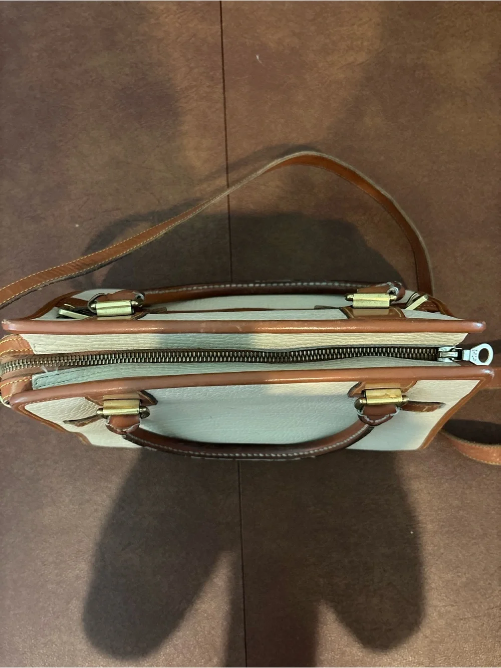 Dooney & Bourke Cream and Brown Leather Satchel with Gold Hardware
